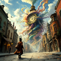 A figure walks down a cobblestone street beneath a swirling, colorful clock tower, symbolizing the chaos of time and the journey through a mixed-up world.