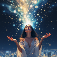 A serene woman in a flowing gown gazes upward, with starlight and cosmic elements swirling above her, symbolizing the liberation from memories that bind us.