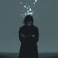 A figure stands alone in a dark landscape, arms crossed, with pixelated fragments rising above their head, embodying the pain caused by those closest to them.