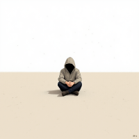 A solitary figure sits on a vast, empty surface, wearing a hooded jacket. The background is minimalistic, emphasizing the theme of confronting inner challenges.