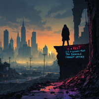 A solitary figure stands on a crumbling ledge, overlooking a dystopian city skyline at sunset, with the quote Rest is a luxury that the damned cannot afford illuminated in neon.