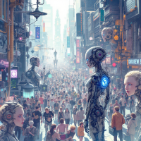 A bustling cityscape teems with diverse crowds and towering humanoid robots, illustrating the disconnect and unfamiliarity among people as highlighted in the quote.