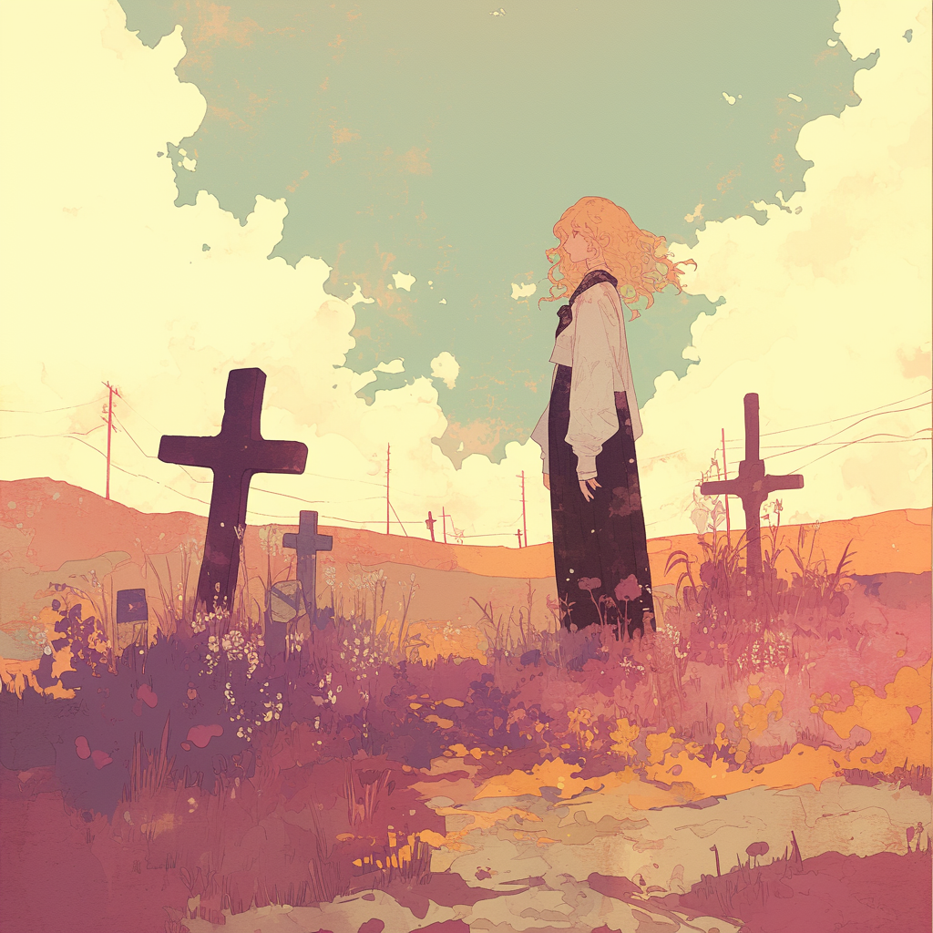 A contemplative woman stands amongst gravestones in a serene, colorful landscape inspired by the book quote, My life is a perfect graveyard of buried hopes.