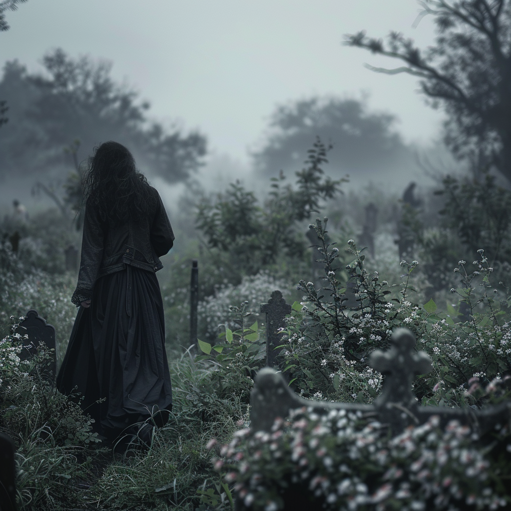 A solitary figure in a dark dress walks through a misty, overgrown graveyard, reflecting the melancholic tone of My life is a perfect graveyard of buried hopes.