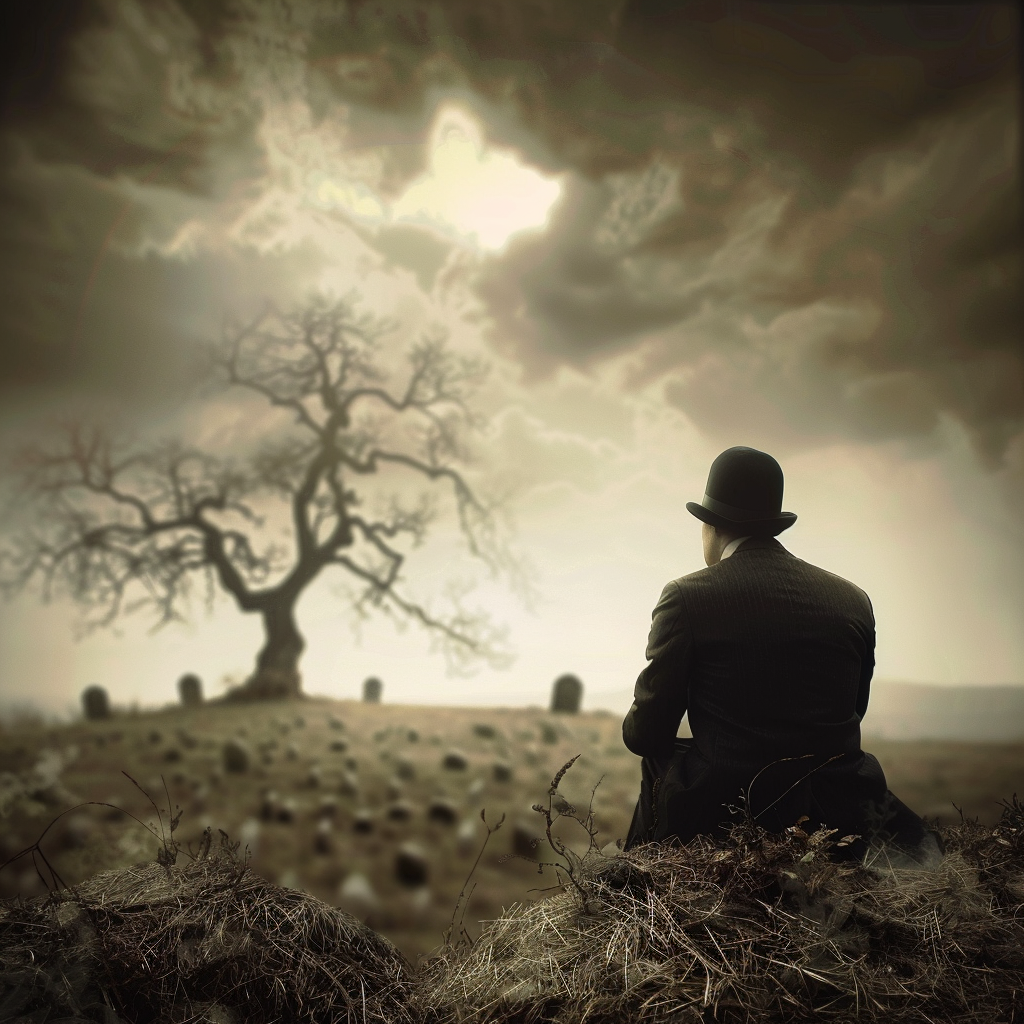 A man in a suit and bowler hat sits somberly in a graveyard under a cloudy sky, reflecting the melancholy tone of My life is a perfect graveyard of buried hopes. A barren tree looms in the background.