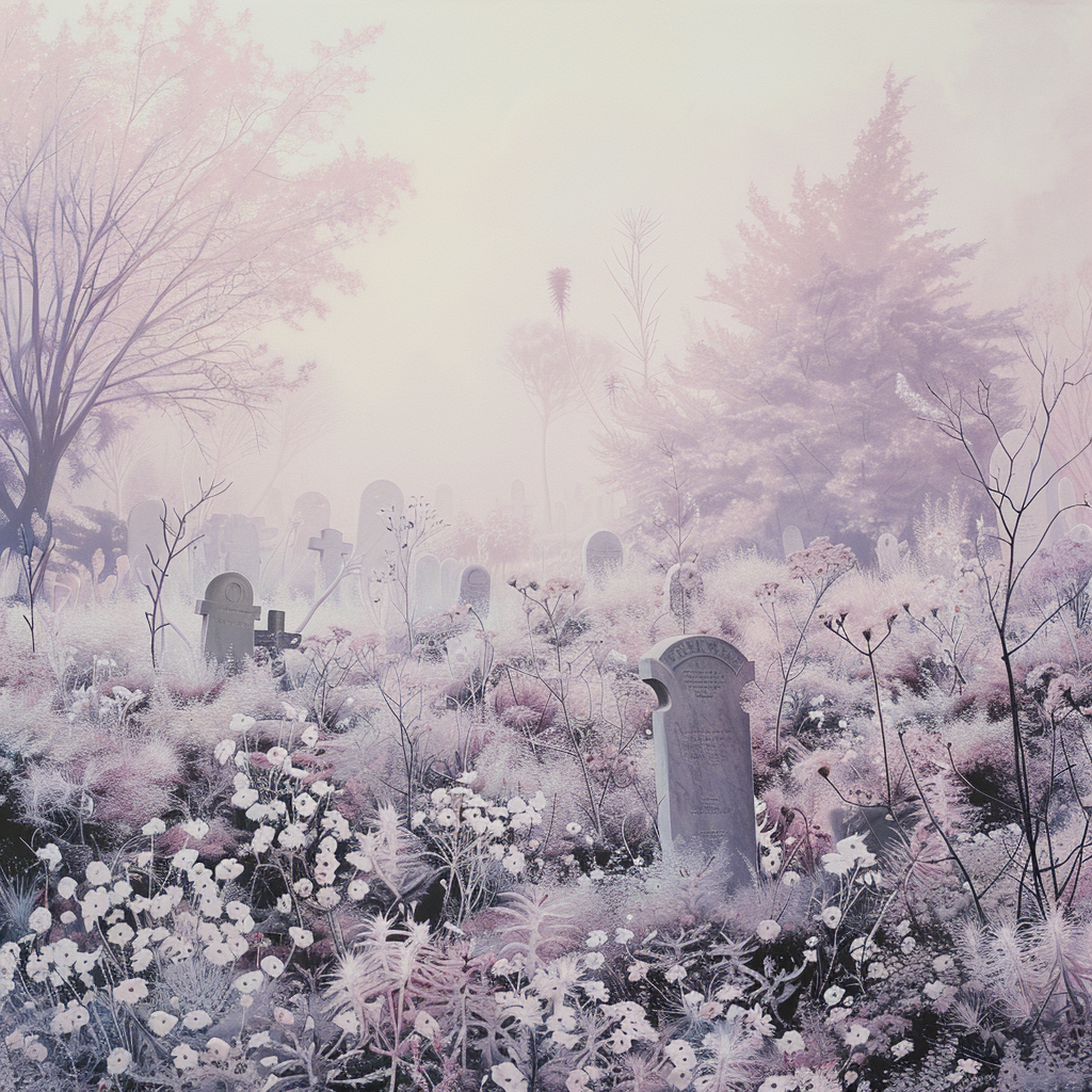 A misty, dreamy graveyard filled with flowers exuding an ethereal beauty; inspired by the book quote, My life is a perfect graveyard of buried hopes.