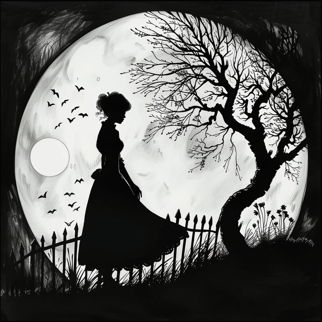 A silhouette of a woman in a long dress stands by a barren tree and picket fence under a large, glowing moon, evoking a haunting sense of melancholy inspired by the quote, My life is a perfect graveyard of buried hopes.