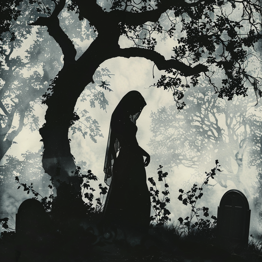 A silhouette of a woman stands between headstones under a large tree in a misty graveyard, evoking the quote, My life is a perfect graveyard of buried hopes.