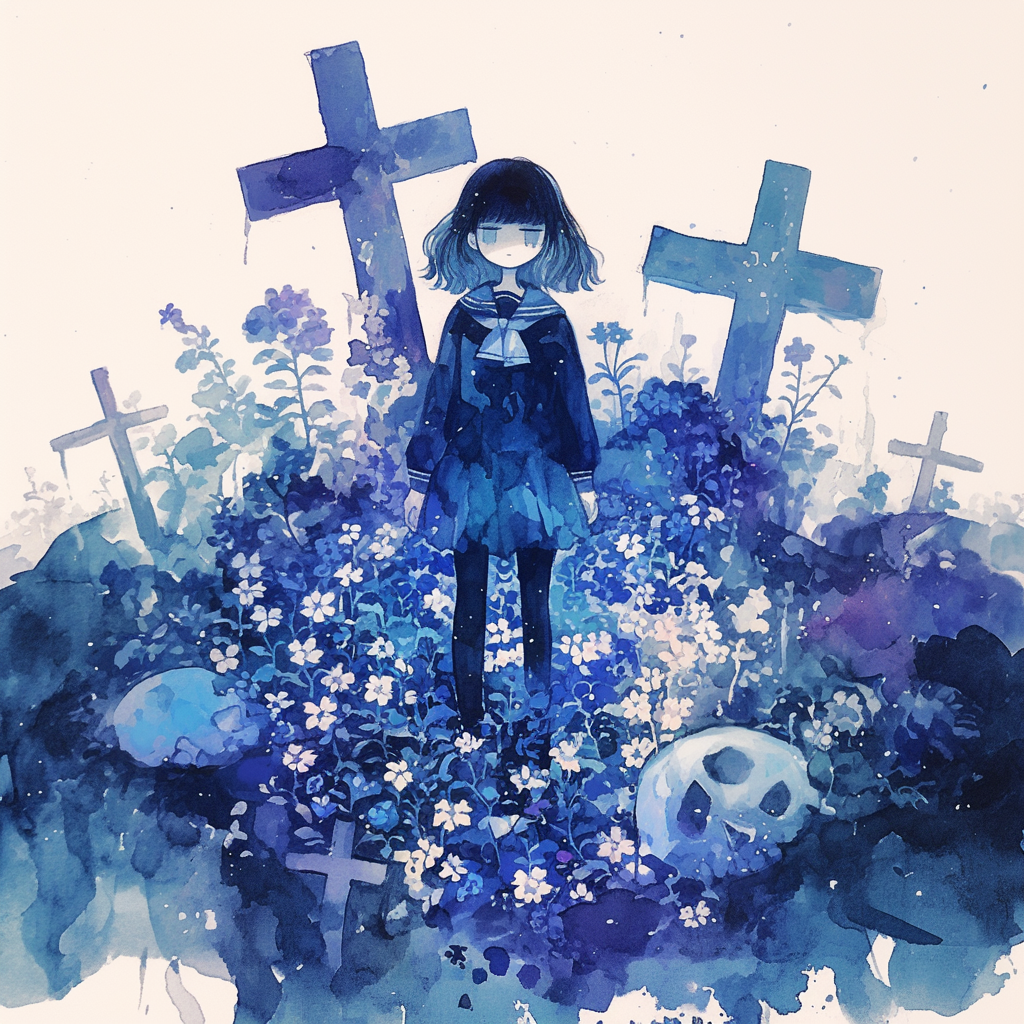 A somber illustration inspired by the quote My life is a perfect graveyard of buried hopes, depicting a girl standing amid blue flowers and gravestones, conveying a melancholic atmosphere.