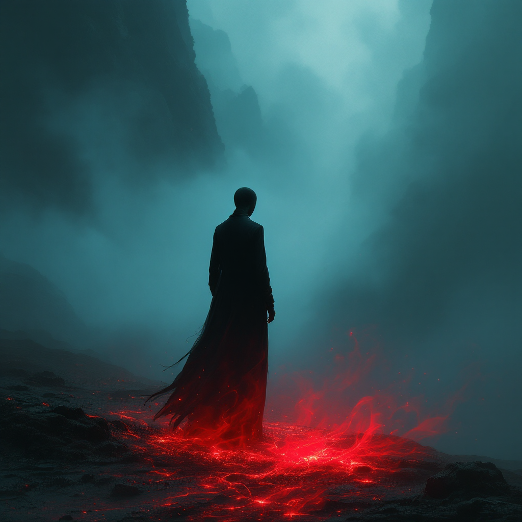 A mysterious figure stands at the edge of a rocky landscape, shrouded in fog, with glowing red light seeping from the ground, embodying the struggle of finding one’s way in the dark.