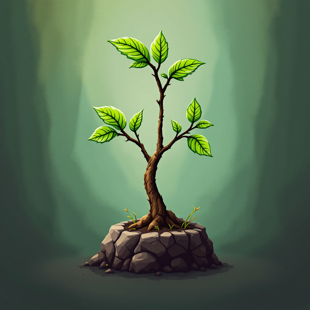 A small, vibrant tree with two branches and lush green leaves emerges from a rocky base, symbolizing a new family tree and fresh beginnings.