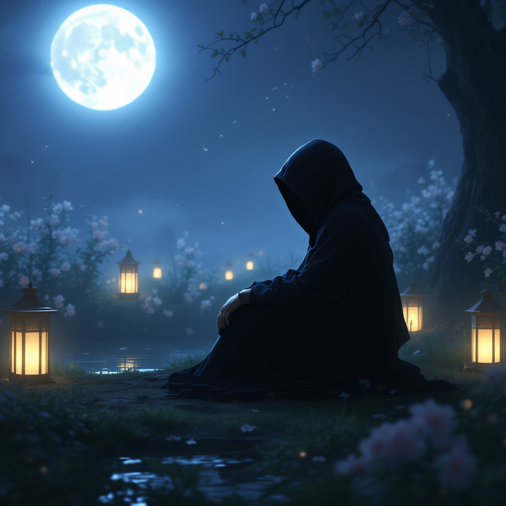 A cloaked figure sits in a serene garden under a bright full moon, surrounded by soft lantern light and blooming flowers, embodying the essence of silence and reflection.