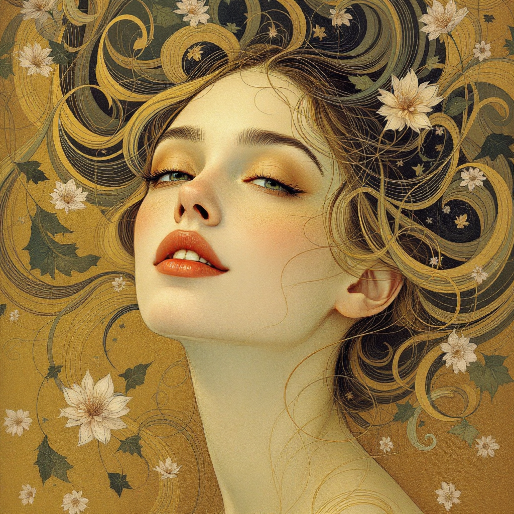 A serene woman with flowing, wavy hair adorned with flowers gazes toward the viewer, embodying the essence of imagination and the power of belief in fictions.