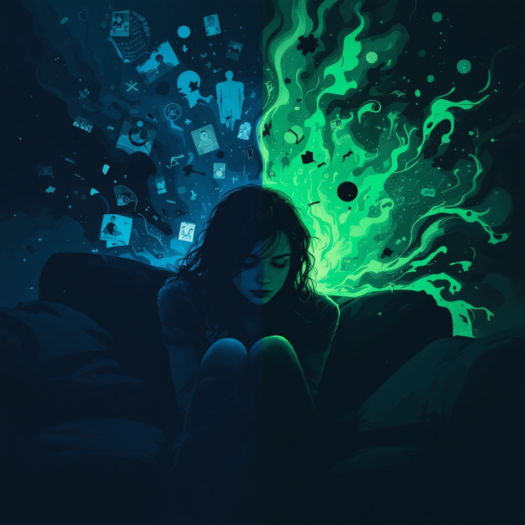 A young woman sits on a couch, surrounded by vivid colors. On one side, chaotic memories swirl around her, while the opposite side radiates a calming green glow, symbolizing peace and reflection.