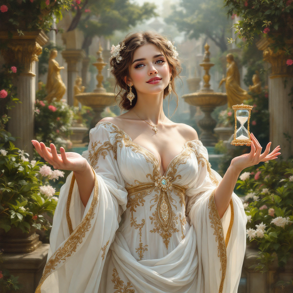 A serene woman in an elegant white gown stands in a lush garden, holding an hourglass. Her expression reflects wisdom, symbolizing the embrace and lessons of pain.