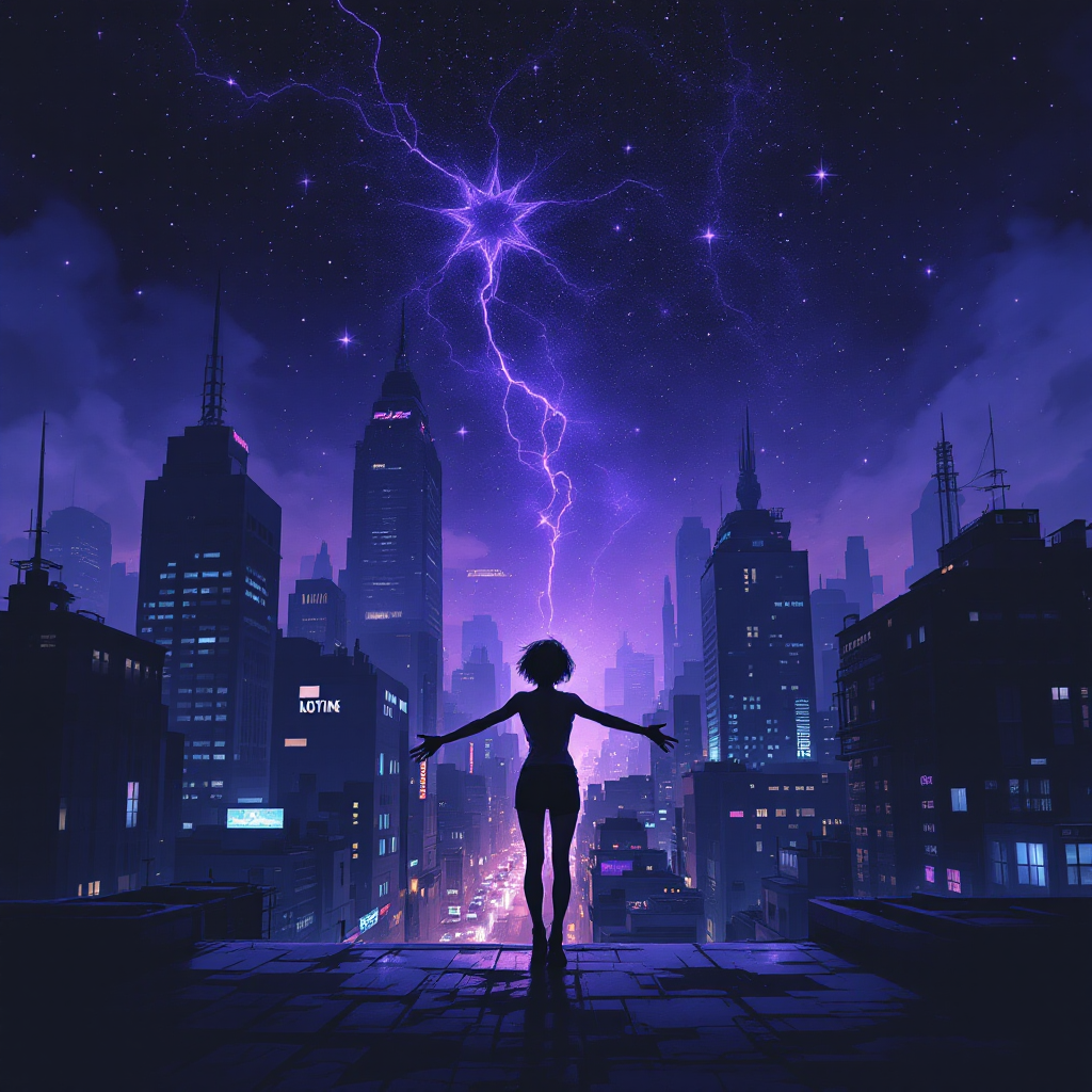 A silhouetted figure stands on a rooftop, arms outstretched towards a stormy sky filled with vibrant lightning, surrounded by a glowing cityscape at night, embodying the quote about daring to dream.