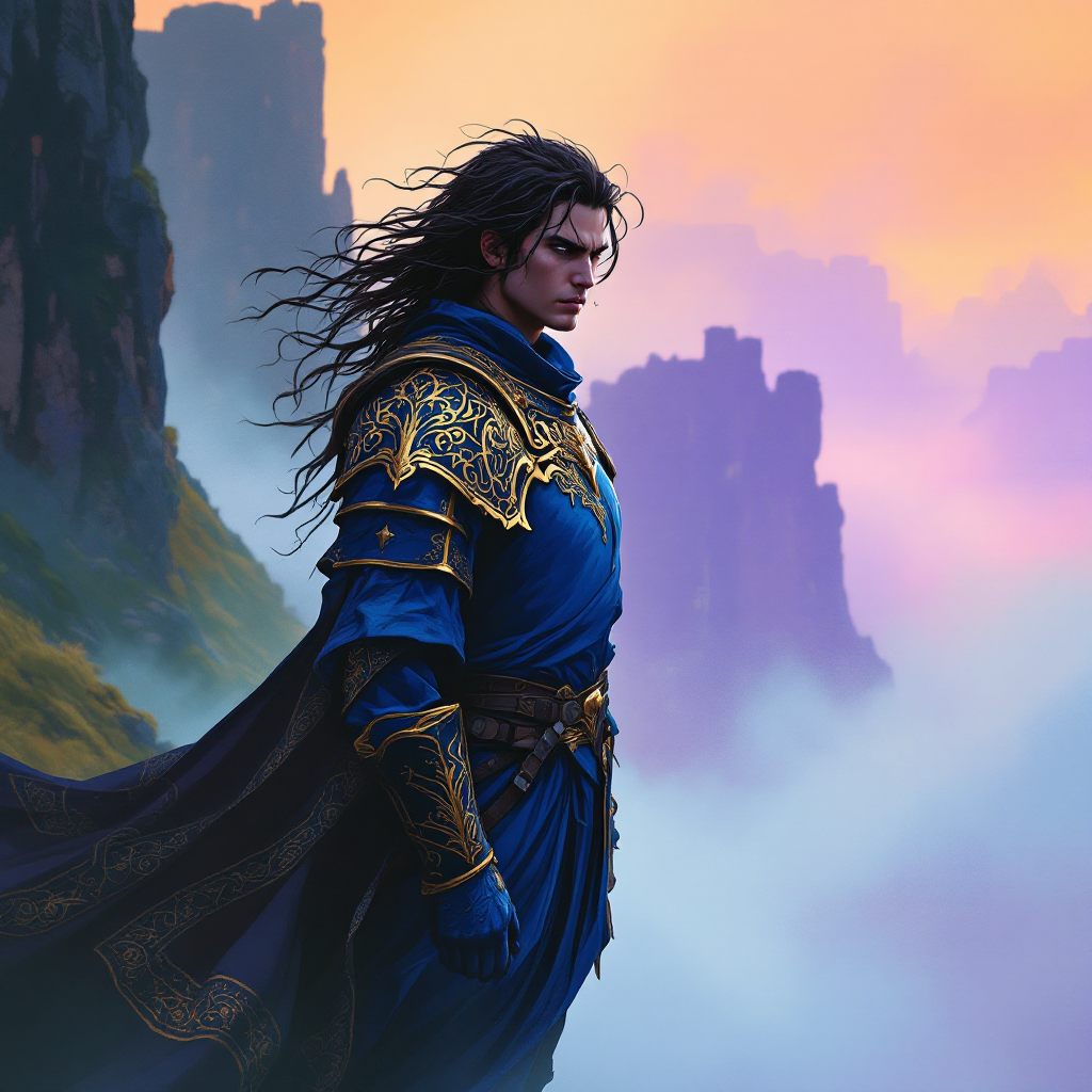 A determined figure in ornate blue armor gazes into the distance, surrounded by misty mountains at sunset, embodying the quote about courage and the nature of bravery.