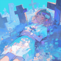 A girl in a white dress lies peacefully among flowers in a vibrant graveyard, surrounded by tombstones, evoking the quote My life is a perfect graveyard of buried hopes.