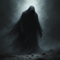 A shadowy figure enveloped in dark, flowing fabric stands ominously against a misty backdrop, embodying the quote about plans as impenetrable as night and the power of striking unexpectedly.