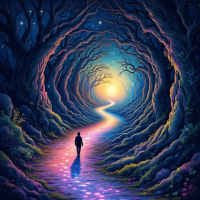 A lone figure walks along a winding, illuminated path through dark, twisting trees, embodying the journey and the stories collected along the way.