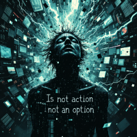 A figure stands engulfed in swirling digital energy, symbolizing urgency and transformation, with the text Is not action not an option prominently displayed.