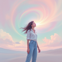 A woman stands in a serene landscape, her hair flowing in the wind, as vibrant swirls of color rise behind her, embodying the quote about asking and being heard.