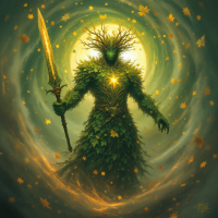 A powerful figure made of leaves and branches stands with a golden sword, radiating a glowing heart amidst swirling greenery and falling leaves, embodying the fight for freedom.