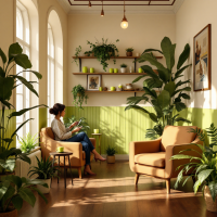 A serene coffee shop corner features a woman sitting in a cozy chair surrounded by lush plants, softly lit by hanging bulbs and warm sunlight filtering through large windows.