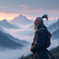 A wise, bearded warrior in samurai armor stands contemplatively against a breathtaking mountain landscape at dawn, embodying the journey of self-improvement and true nobility.