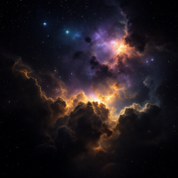 A vibrant cosmic scene with swirling clouds of darkness illuminated by brilliant bursts of light, embodying the quote about finding light in deep darkness.