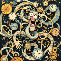 An eccentric figure with wild hair and exaggerated expressions is entangled in swirling clocks and watch faces, embodying the chaotic nature of time's stretch and contraction.