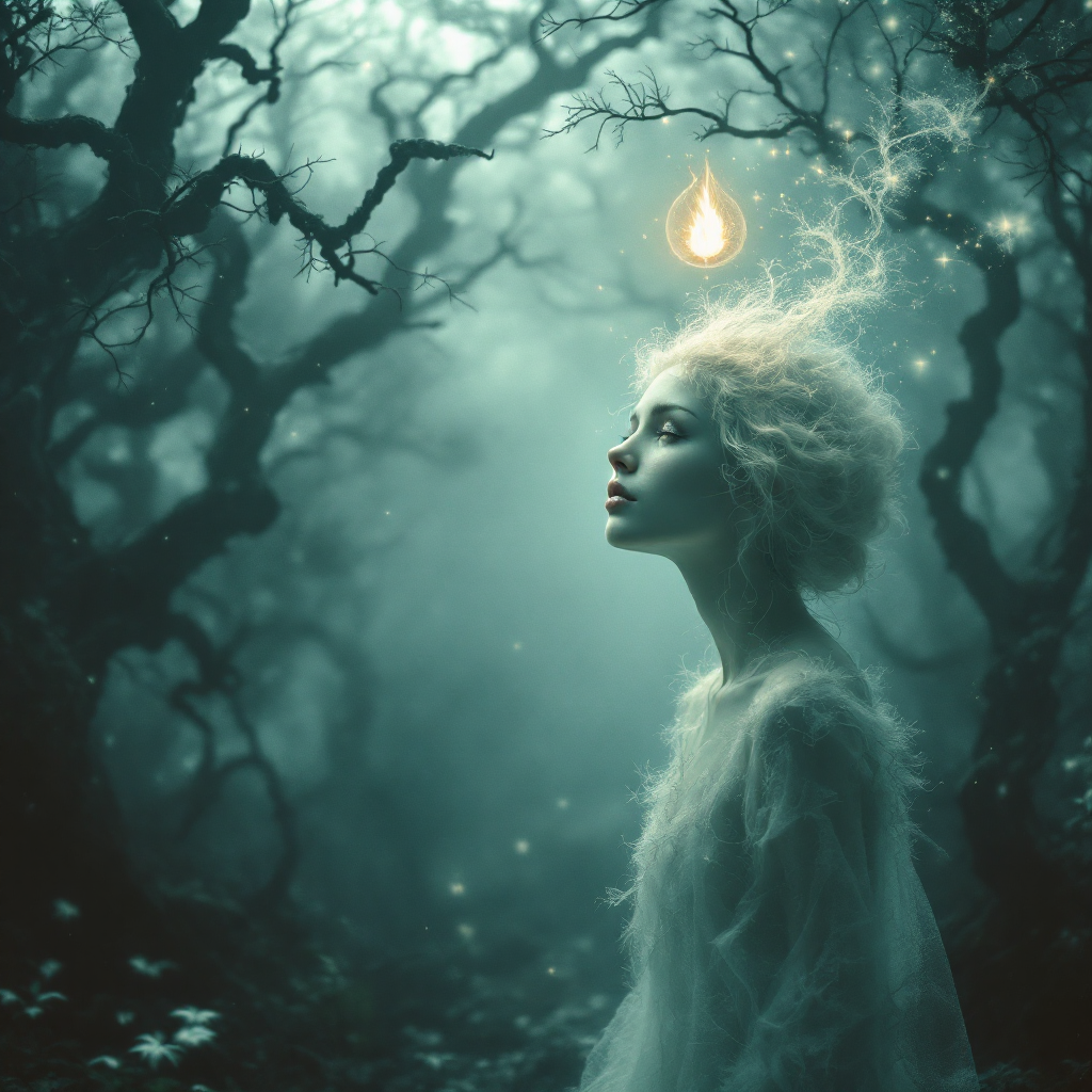 A mystical figure in a misty forest stands in contemplation, a glowing drop of light above her head symbolizing the spark of curiosity that ignites the soul's journey.