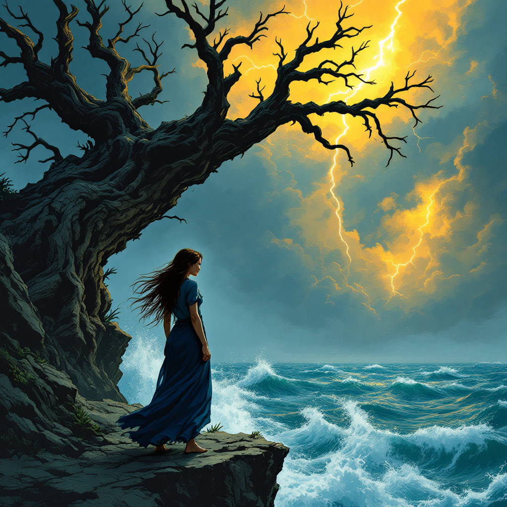 A woman in a flowing blue dress stands on a rocky shoreline, gazing at turbulent waves and a stormy sky, embodying the journey of enduring, learning, and finding meaning.