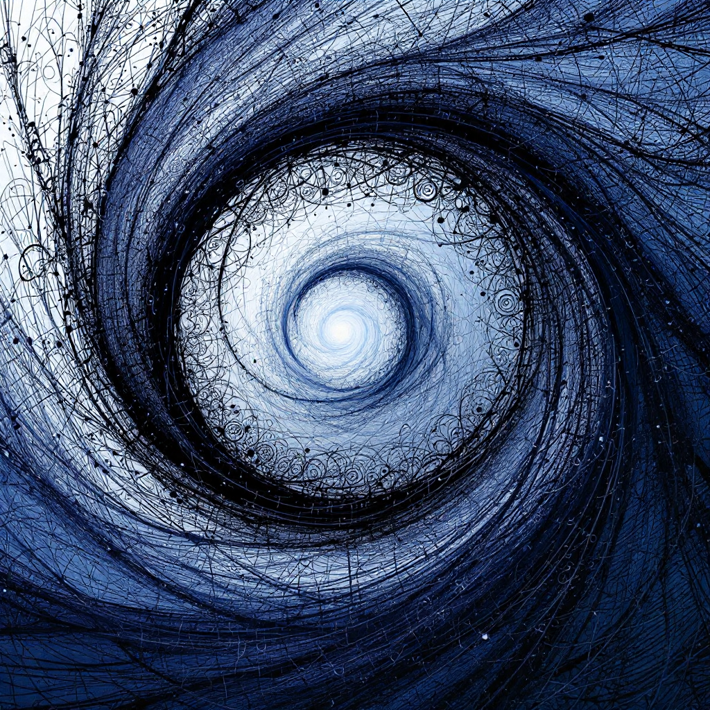 A swirling vortex of deep blue and white tones, with intricate lines intertwining, symbolizing the interplay of ambition amid illusions of war and peace.