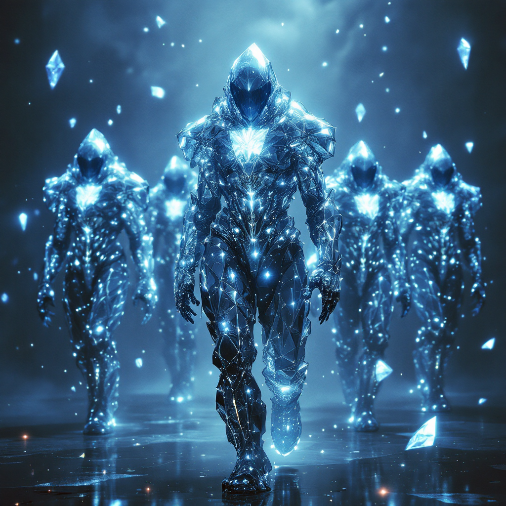 A group of four futuristic figures, covered in shimmering blue crystals, advances confidently through a misty, illuminated space, embodying the essence of careful choices in conflict.