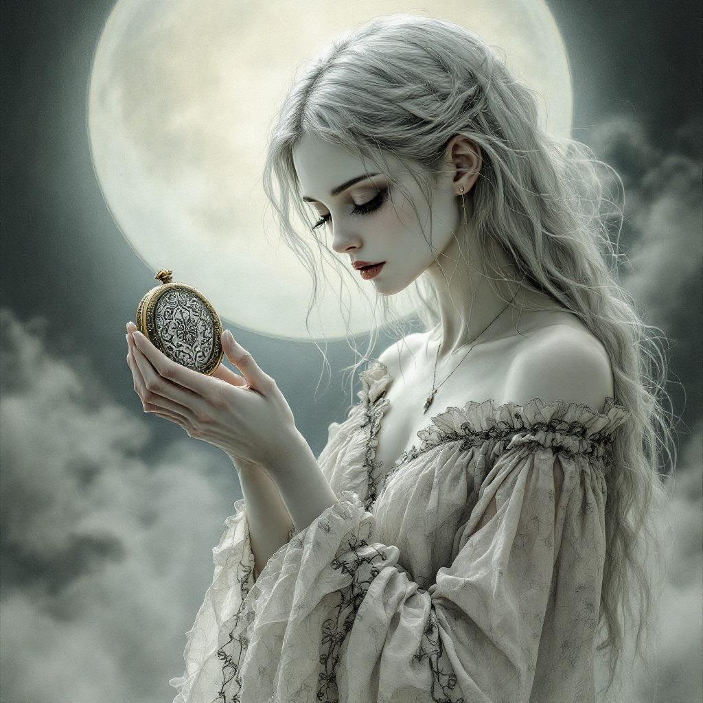 A pale, ethereal figure in a flowing dress gazes thoughtfully at an ornate pocket watch, set against a backdrop of a glowing full moon and swirling clouds, evoking the quote, Sometimes dead is better.