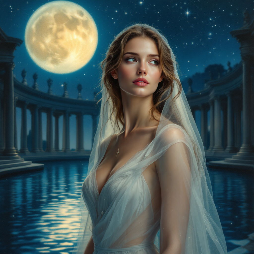 A serene woman in bridal attire stands by a tranquil pool, illuminated by a full moon, evoking the sentiment of hope as a guiding light through darkness.