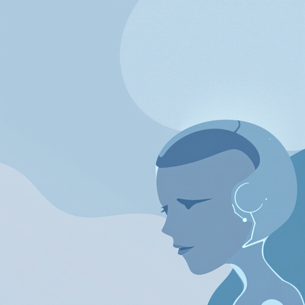 A serene, stylized profile of a humanoid figure with a robotic head, set against a soft blue background, representing the theme of embracing one's identity while choosing to live differently.