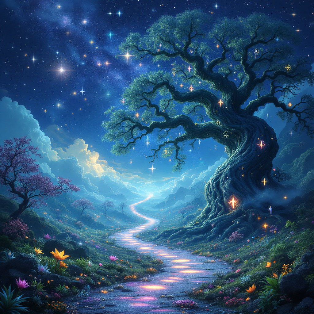 A whimsical landscape features a glowing tree under a starry sky, with a winding path leading through vibrant flowers and ethereal lights, evoking the magic of understanding one’s place in the world.