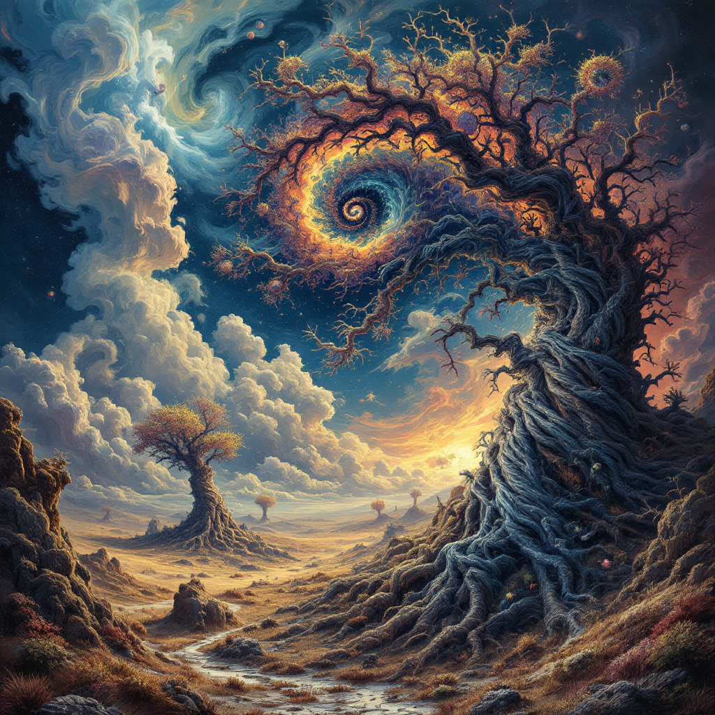 A surreal landscape features twisting, gnarled trees reaching towards a swirling sky, embodying the essence of the quote: Nothing matters, and I believe that it is winning.