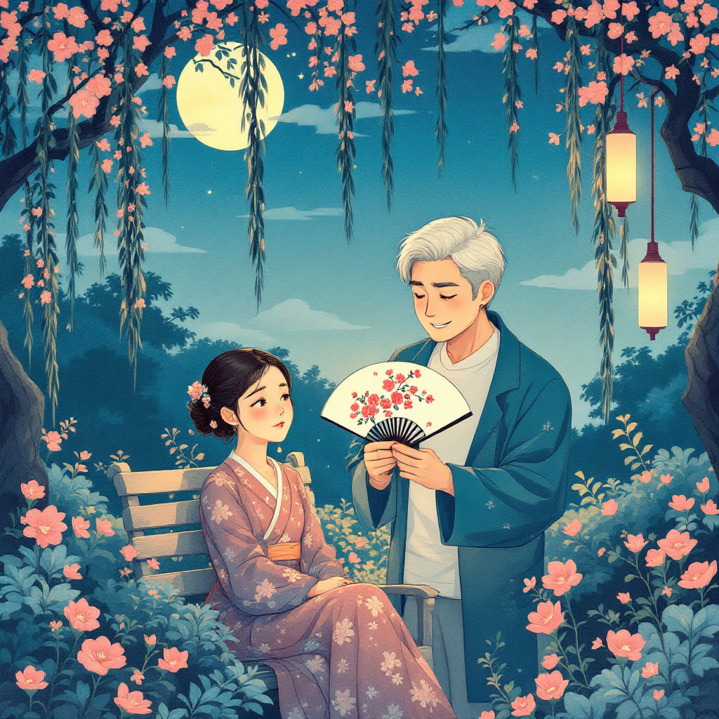 A serene scene depicts a young woman in a kimono sitting on a bench, while an older man playfully presents her a fan, surrounded by blooming flowers and a moonlit sky, embodying joy and compassion.