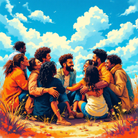 A vibrant group of diverse friends sits in a circle amidst a sunny landscape, sharing laughter and warmth, embodying the importance of relationships as highlighted in the quote.