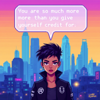 A confident character with short black hair stands against a vibrant city skyline at dusk, with the quote You are so much more than you give yourself credit for in a speech bubble above.