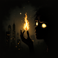 A dark cityscape sets the backdrop for a figure holding a flickering flame, their glowing eyes reflecting hope amid shadows, embodying the quote about fragile yet radiant hope.