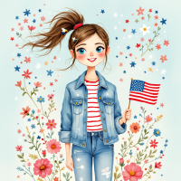 A cheerful girl with a ponytail holds a small American flag, surrounded by colorful flowers and stars, embodying the essence of resilience and hope in the American spirit.