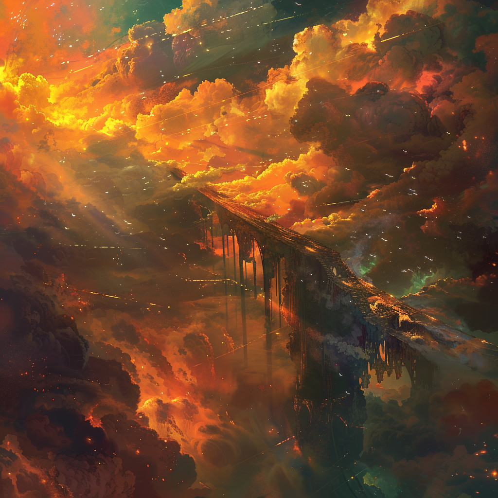 A dramatic scene with a broken bridge ending abruptly surrounded by swirling, fiery clouds, reminiscent of a quote describing the northwestern end of a bridge above a stormy drop of ammonia and methane.