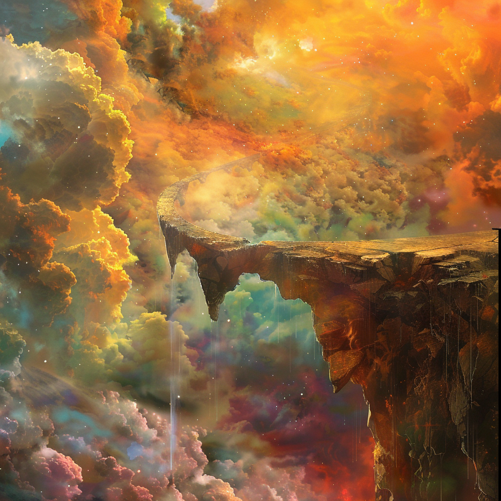 A fantastical scene where a bridge ends abruptly, surrounded by vibrant, swirling clouds of ammonia crystals and methane, leading to a vertiginous drop into a colorful abyss.