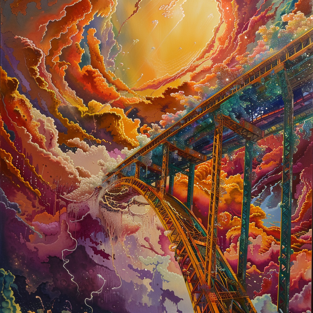 A tall, partially broken bridge stretches through a vibrant, swirling sky of ammonia crystal and methane clouds, evoking a scene from the described book quote.