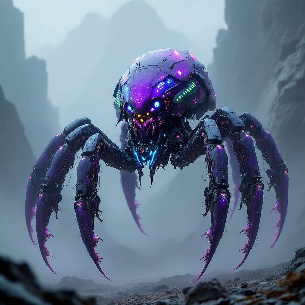 A futuristic, robotic spider-like creature with eight flexible legs and a glowing, colorful body stands in a misty, rocky landscape, embodying Jorax's powerful presence.