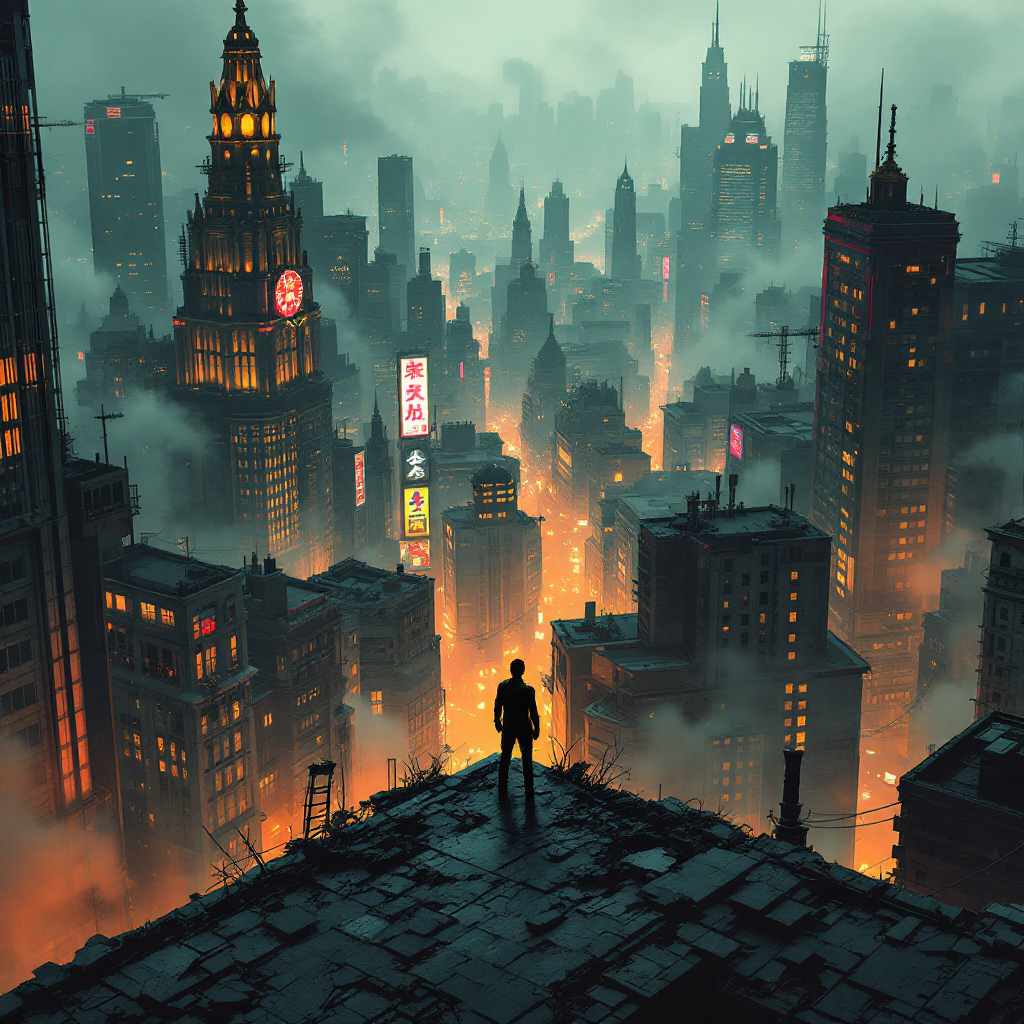 A silhouetted figure stands on a rooftop overlooking a vast, illuminated city skyline shrouded in mist, embodying the spirit of grand ambitions and stirring dreams.